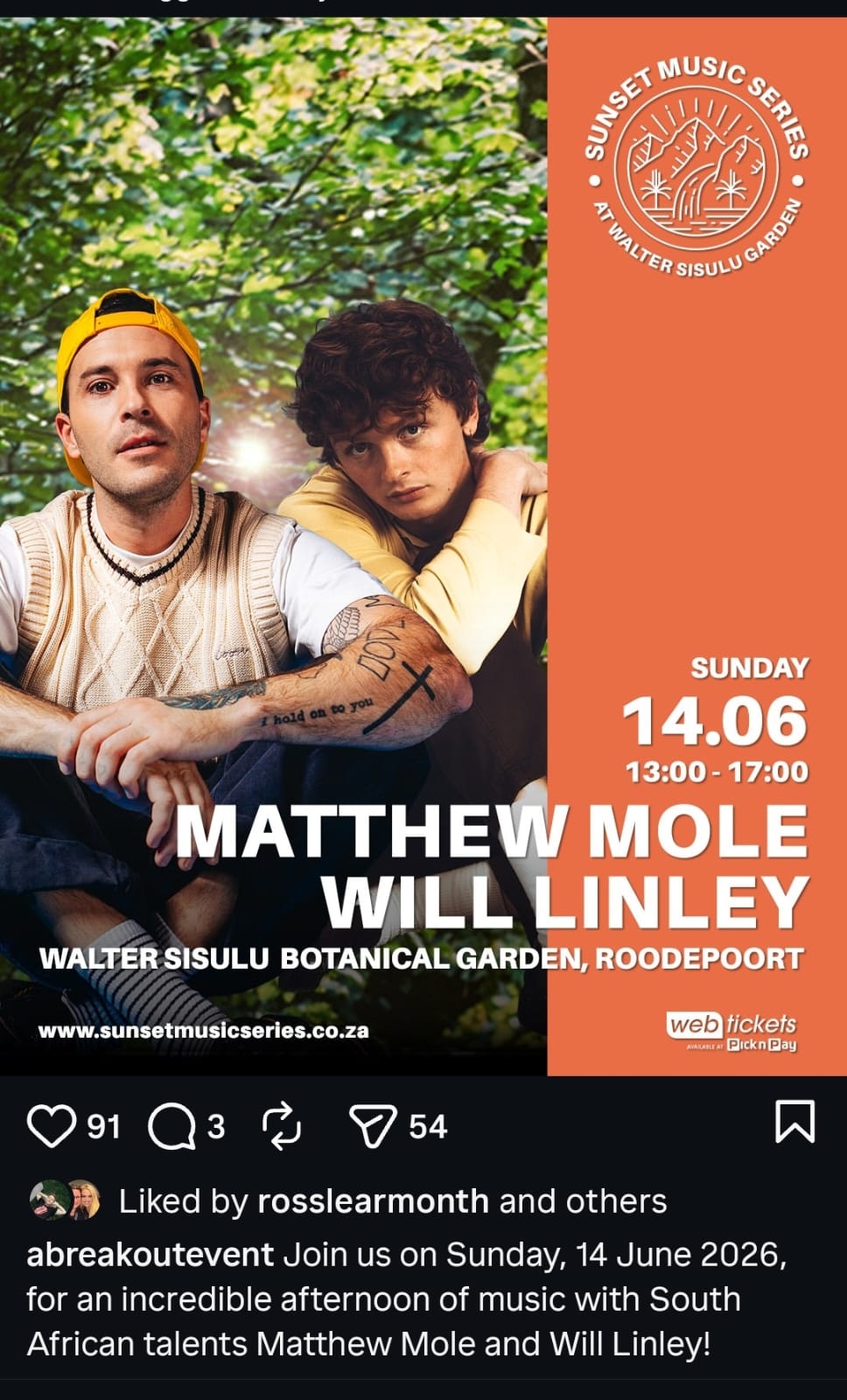Matthew Mole & Will Linley @ Walter Sisulu Botanical Garden, Roodepoort, 14-06-2026 13:00